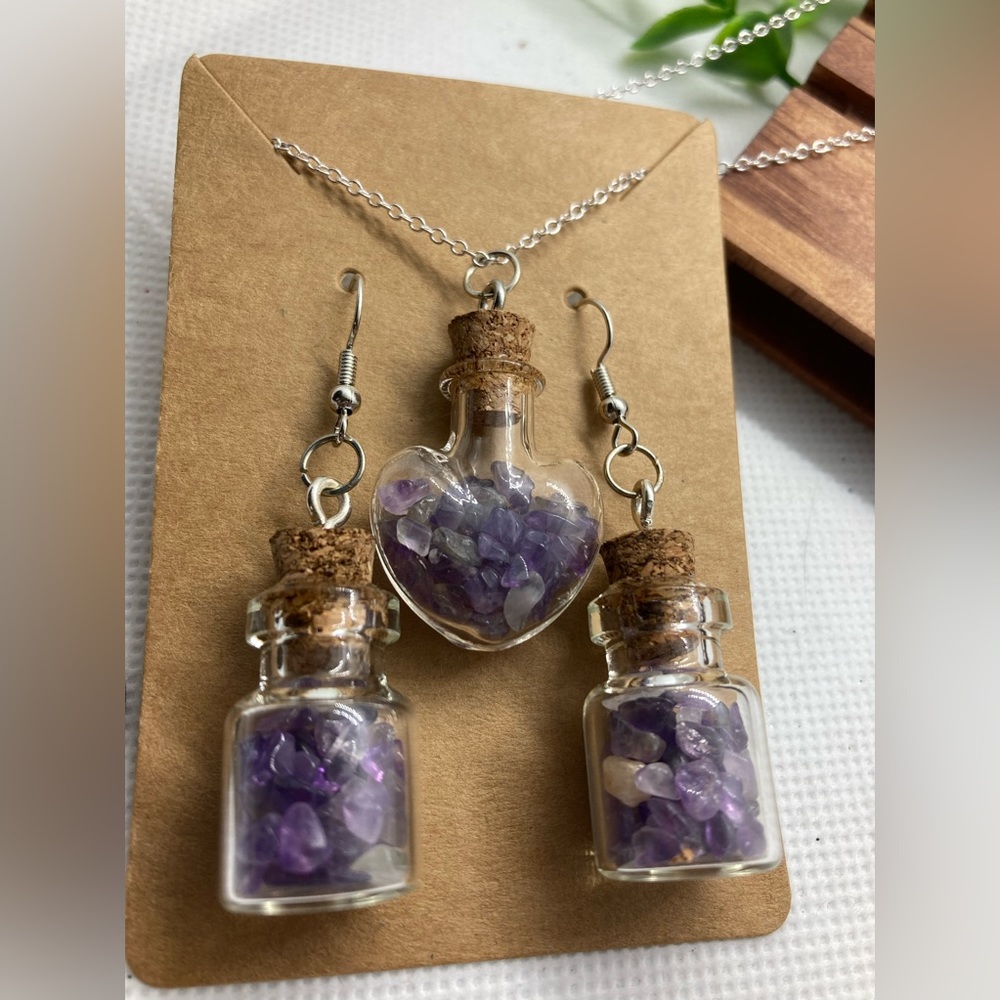 Amethyst bottle earring, and necklace set